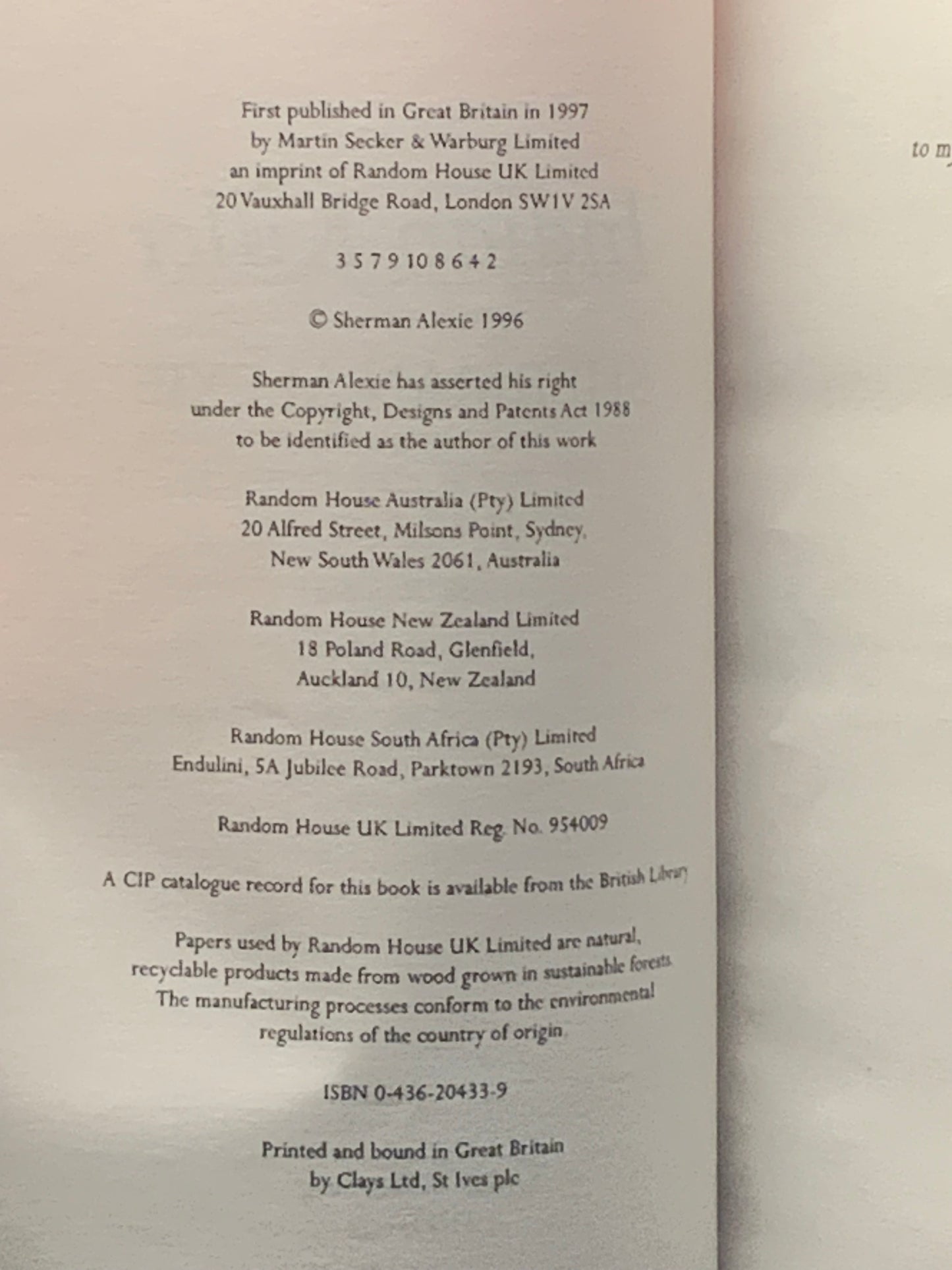 Proof copy. Indian Killer. Sherman Alexie (1997).