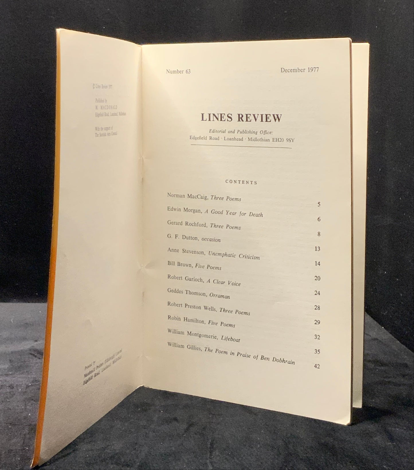 Lines Review No. 63. December 1977. Norman MacCaig & Edwin Morgan. Scottish Poetry Magazine.