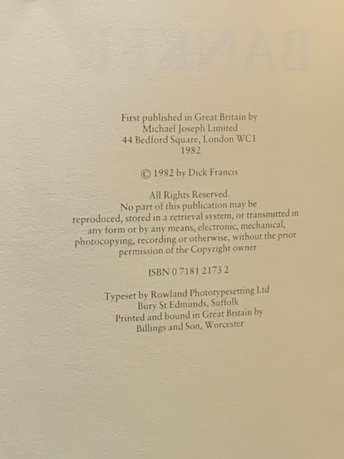 Banker (Dick Francis - 1982) 1st Edition.