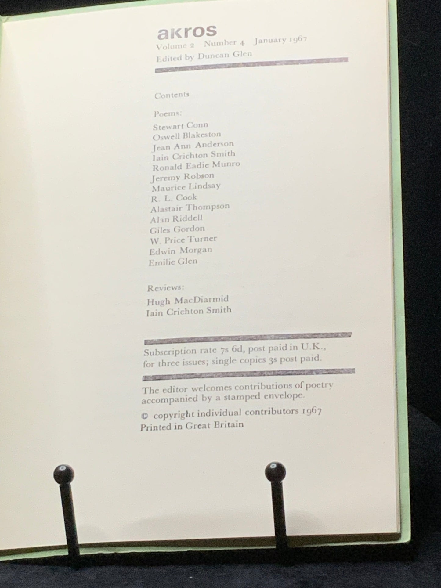 Akros. Vol. 2 No. 4. January 1967. Scottish Poetry Magazine. Hugh MacDiarmid. Duncan Glen (ed.)