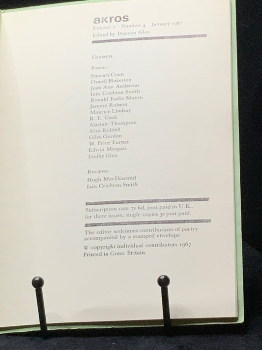 Akros. Vol. 2 No. 4. January 1967. Scottish Poetry Magazine. Hugh MacDiarmid. Duncan Glen (ed.)