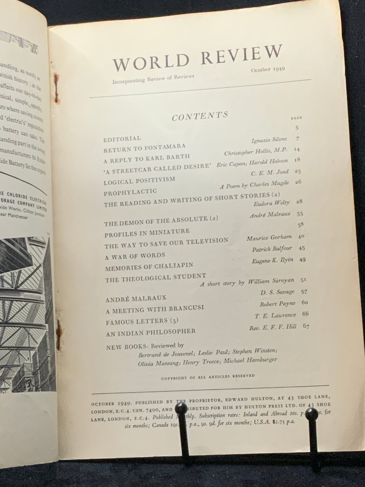 World Review. October 1949. Ignazio Silone, William Saroyan – Literary & Political Magazine