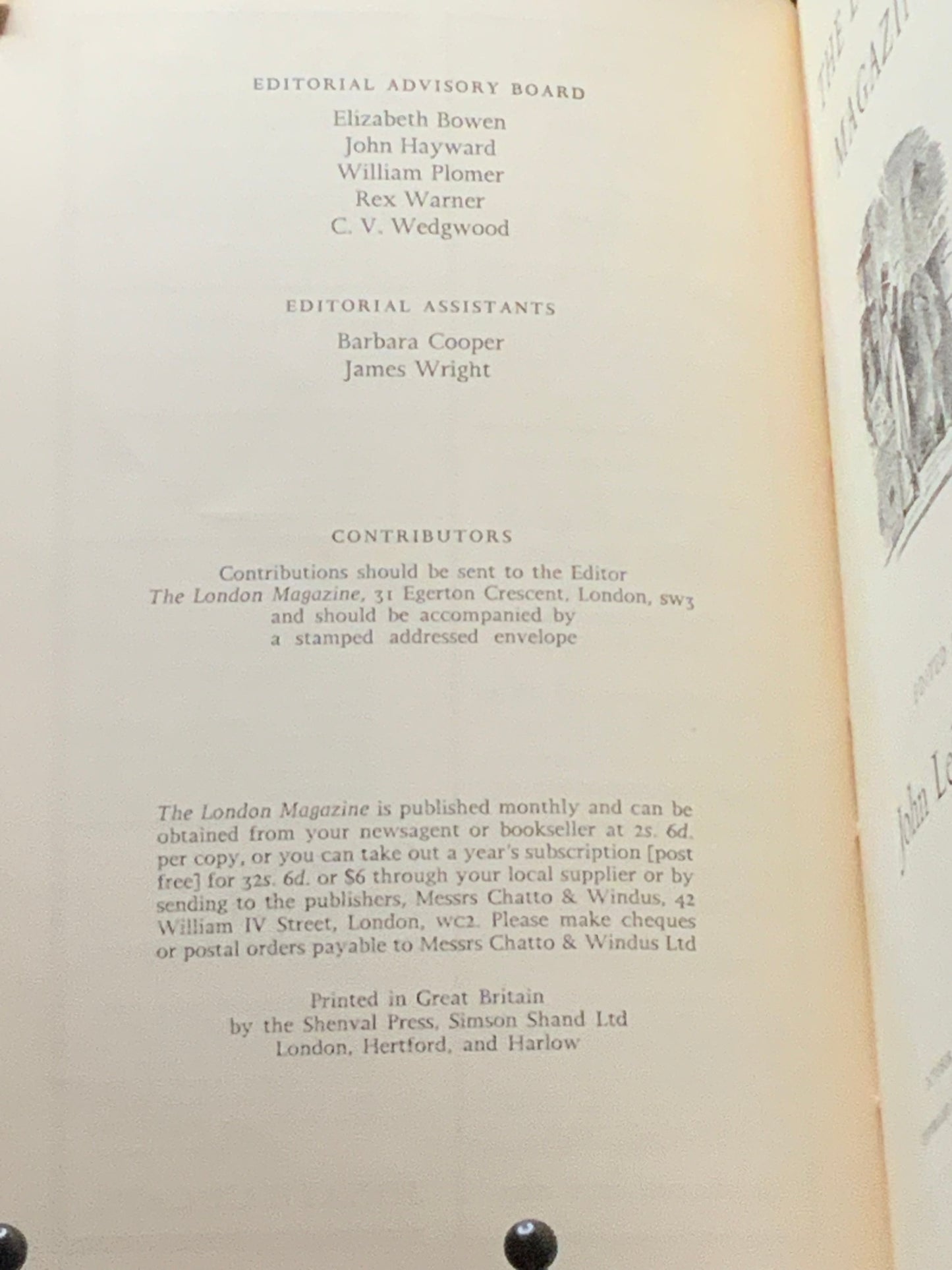 The London Magazine. Oct 1956. Aldous Huxley, Philip Toynbee, Alan Pryce-Jones. Scare wraparound Band. John Lehmann (editor).