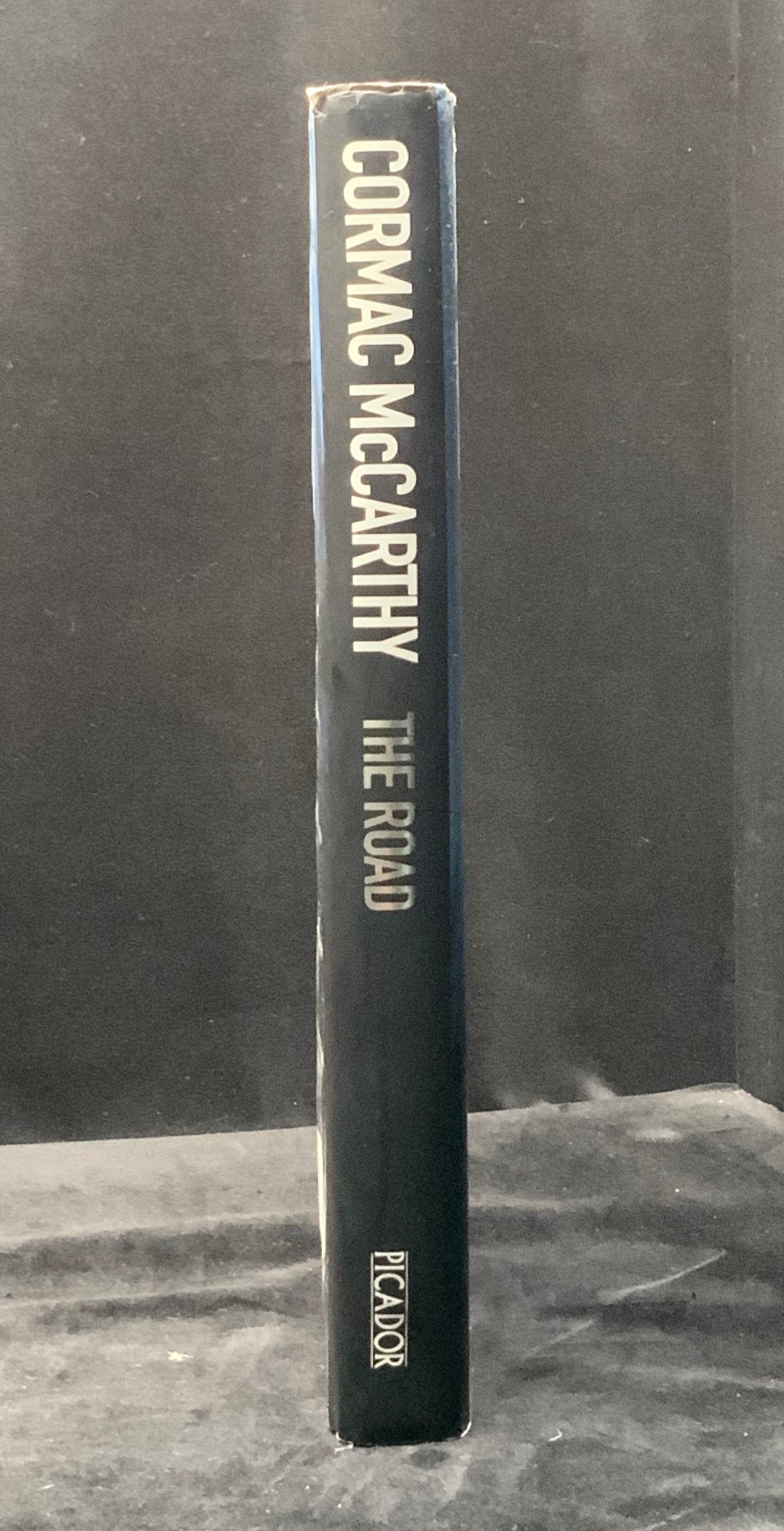 Book titled 'The Road' by Cormac McCarthy on a dark background