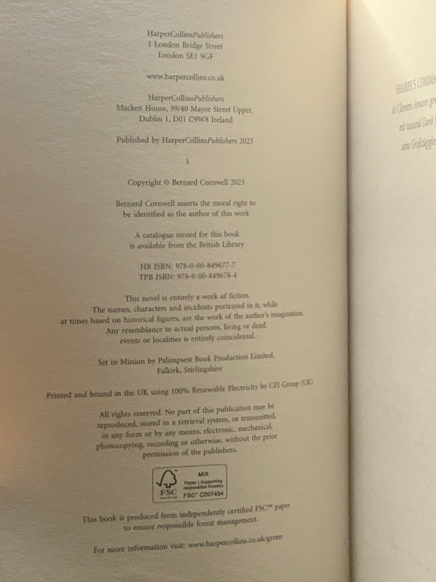 Sharpe’s Command Bernard Cornwell HB 2023 Waterstones Edition