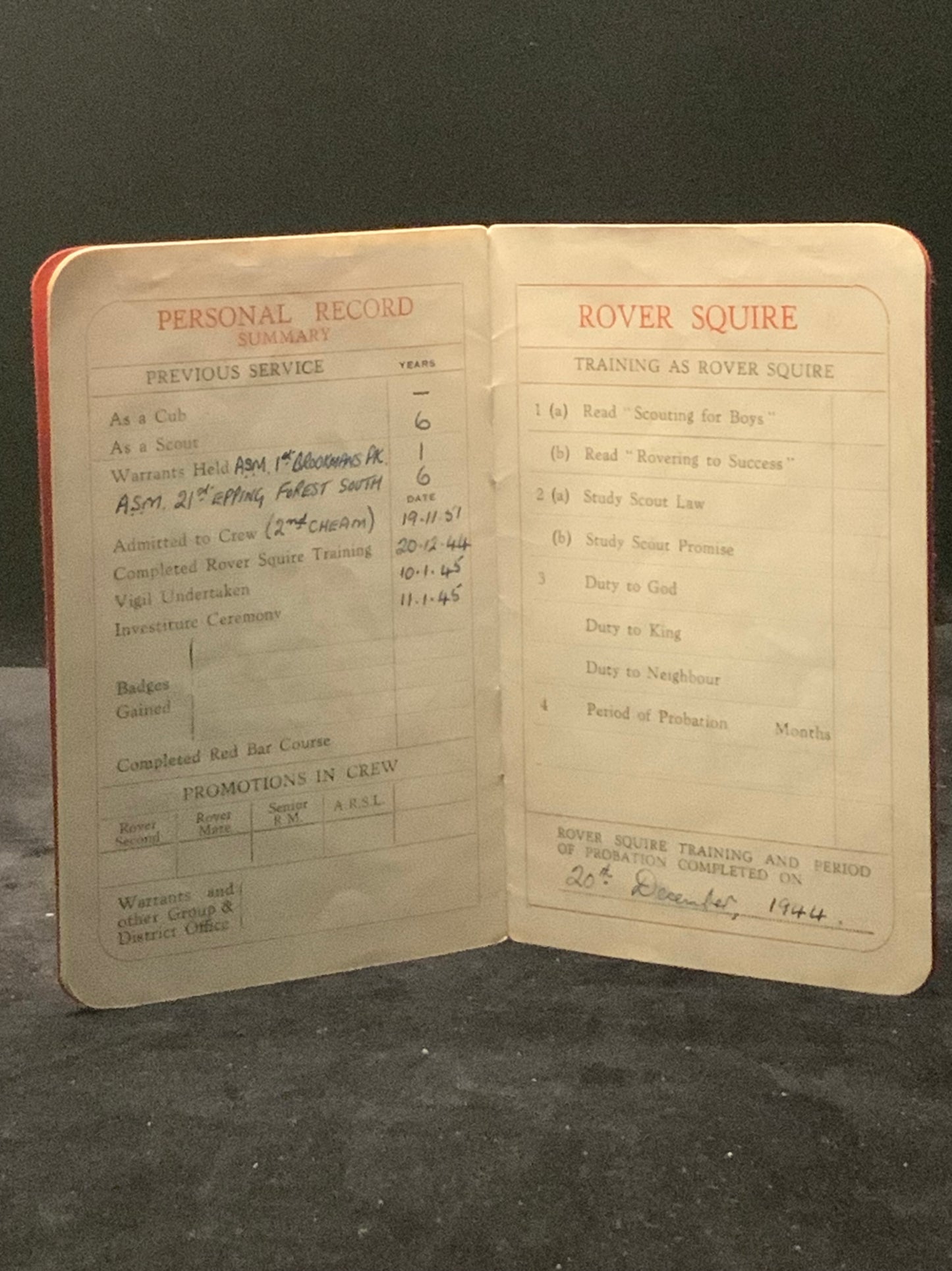 Rover Scouts, 21st Epping Forest, 2nd Cheam, Scouting, Scouts — Gilwell Wood Badge Notebook & Rover Card J.M. Elliot Scout Archive (The Scout Association (Gilwell Park training material))