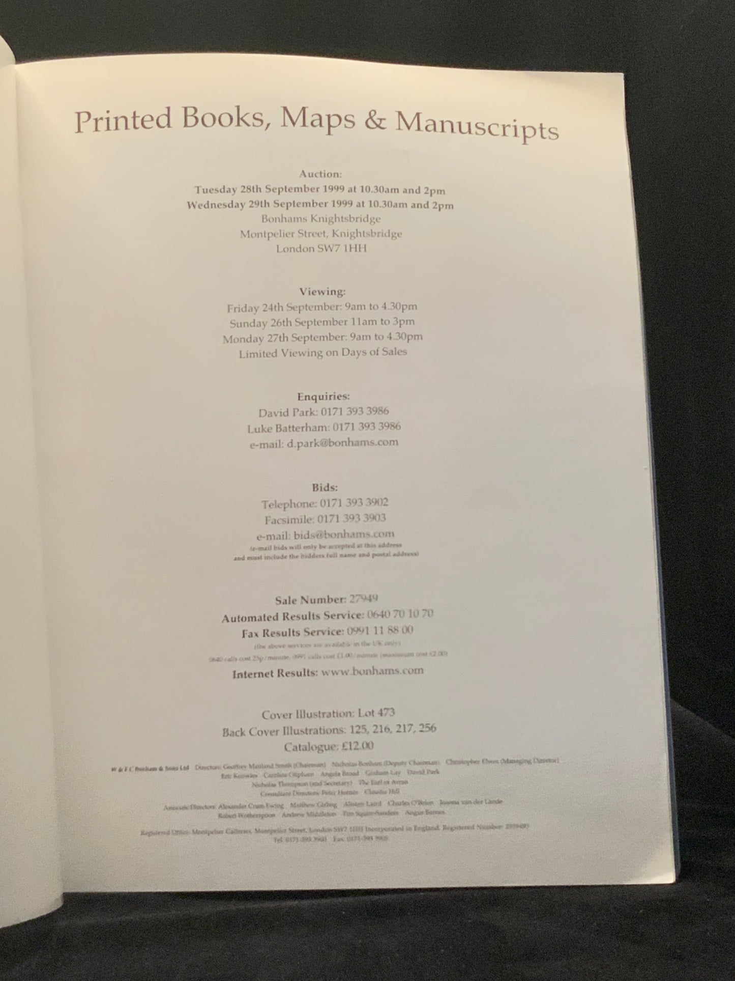 Bonhams Printed Books Maps Manuscripts Auction Catalogue 1999 (Bonhams Knightsbridge)