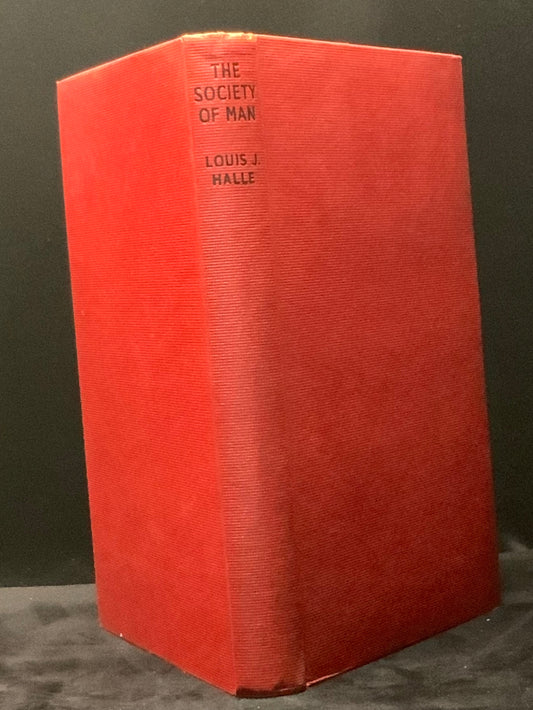 Red book titled 'The Society of Man' by Louis J. Halle on a dark background