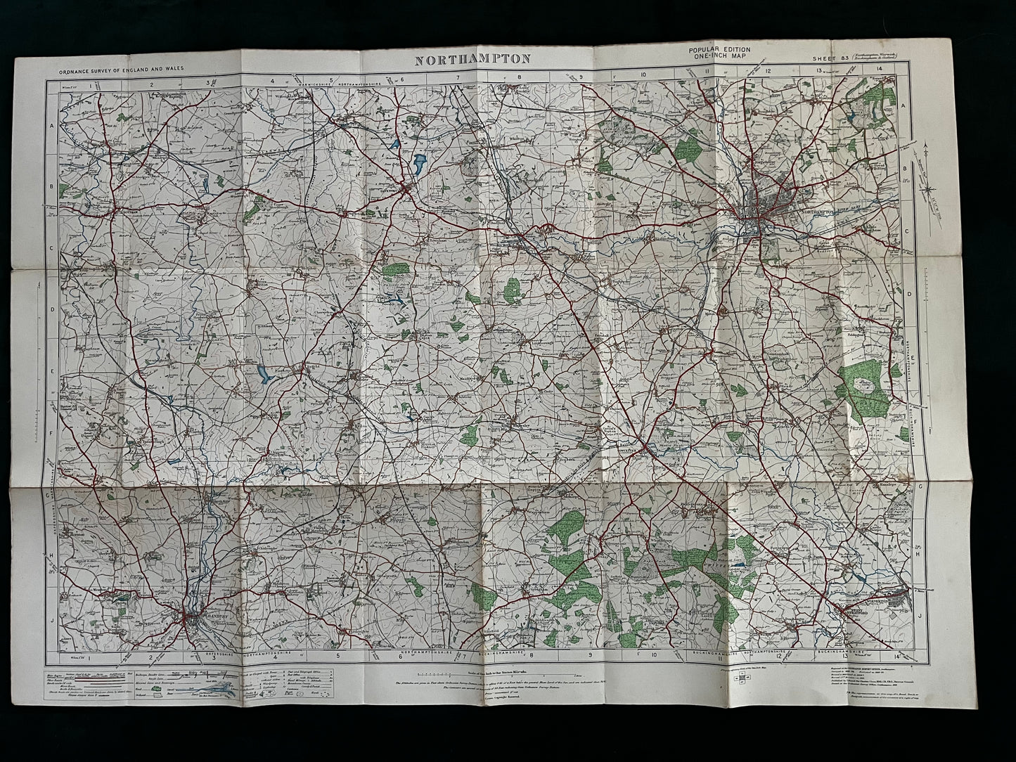 Ordnance Survey Contoured Road Map of Northampton and District. Sheet 83. Popular Edition. Scale One Inch to One Mile (1929)